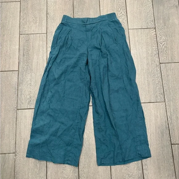 Athleta Playa Linen Borealis Green Wide Leg Crop Pants Size 8 Tall - Picture 2 of 10